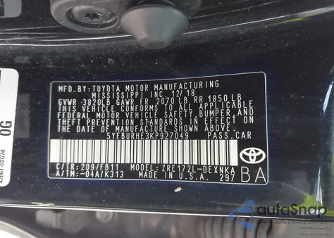 2019 Toyota Corolla Le из США, поврежденный, VIN 5YFBURHE3KP927049